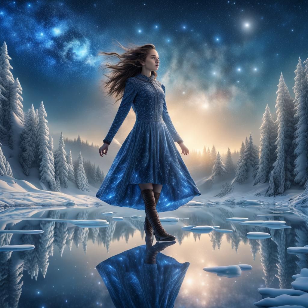 Beautiful Girl Under Starry Winter Sky