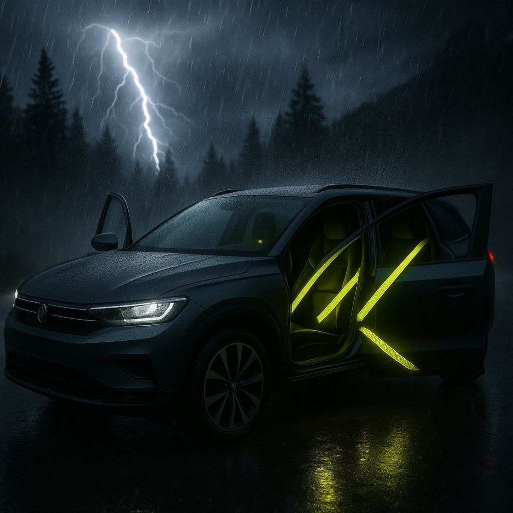 Electric SUV Under Thunderstorm on Mountain Highway