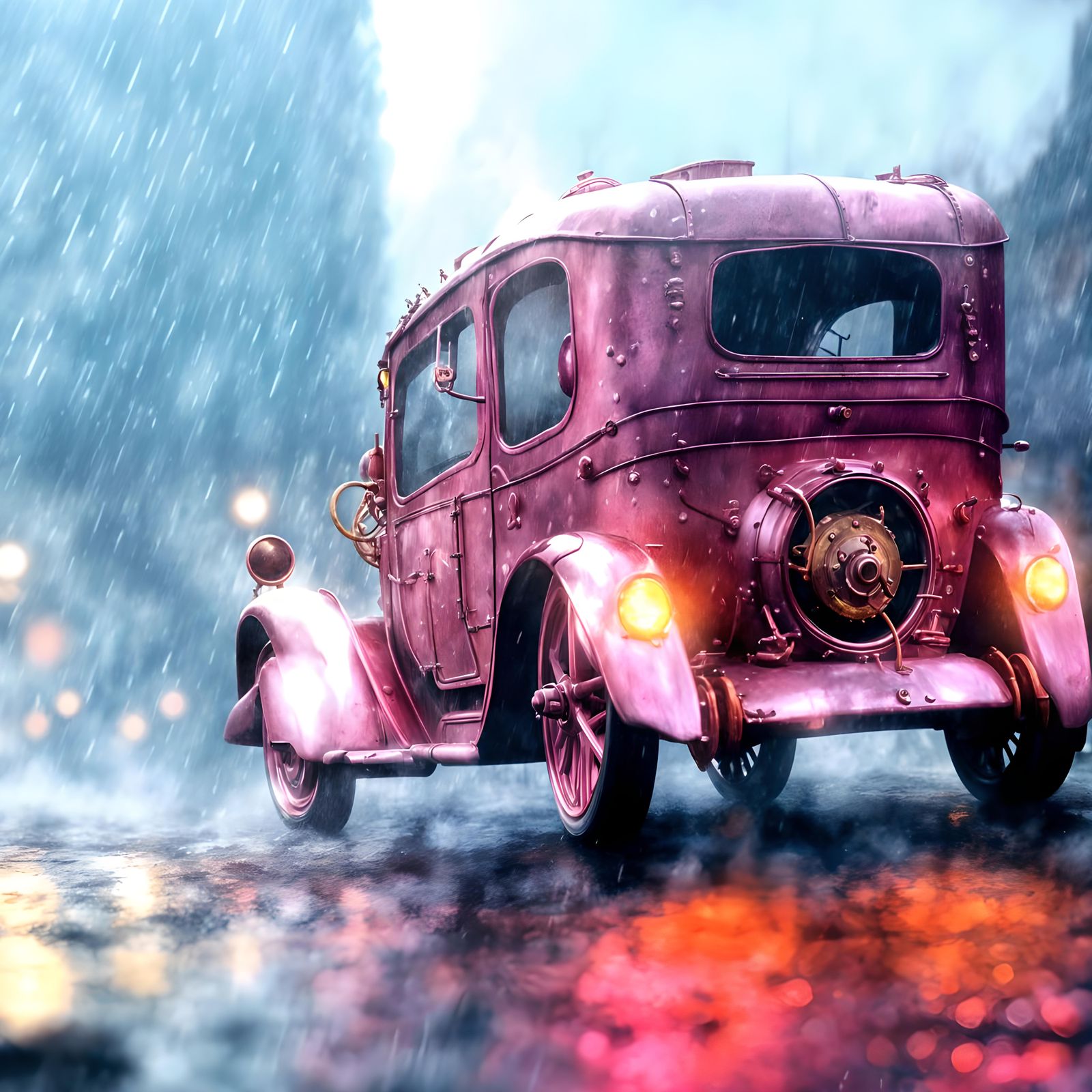 Pink steampunk car in the rain detailed matte painting, deep...