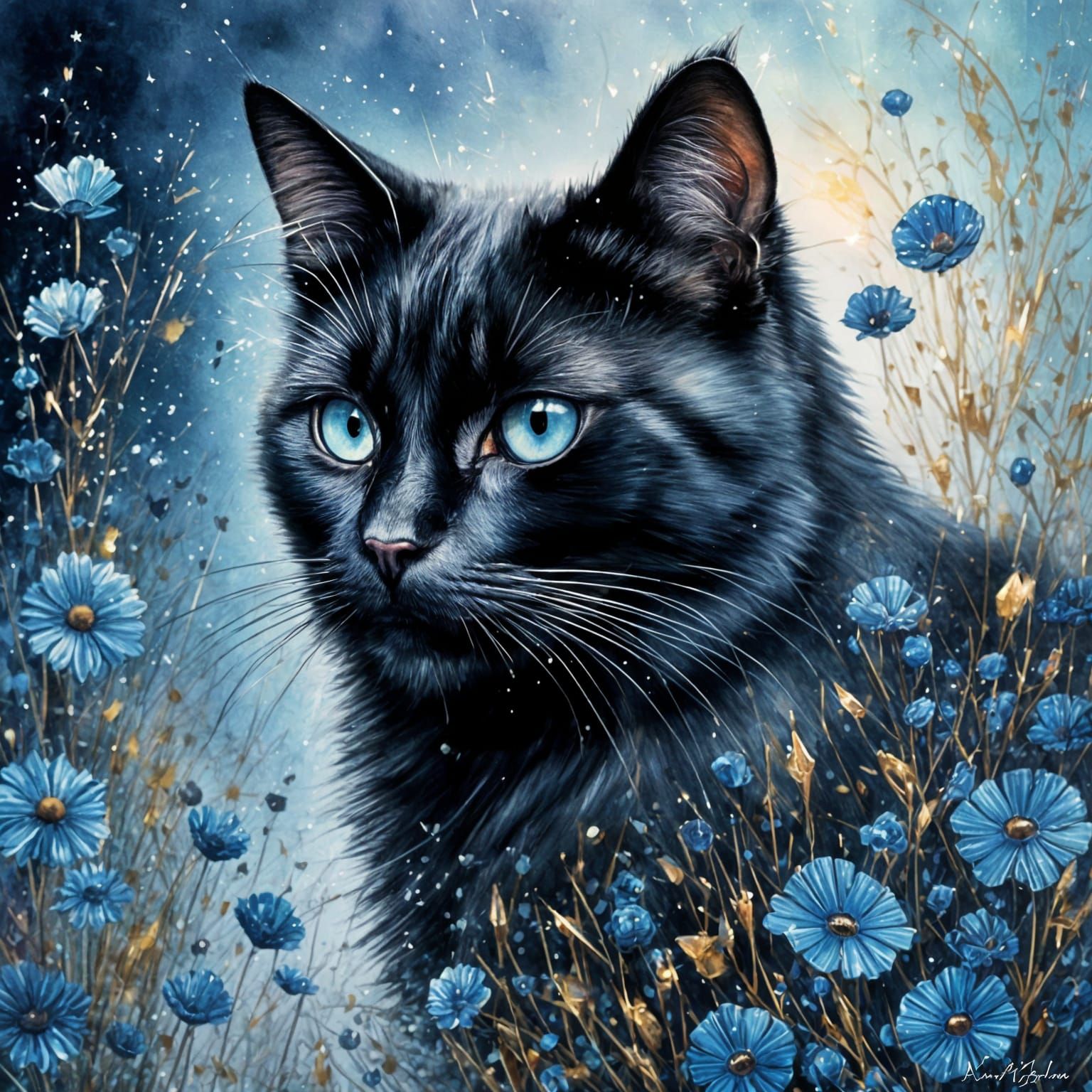 Whimsical Black Cat Portrait with Blue Eyes