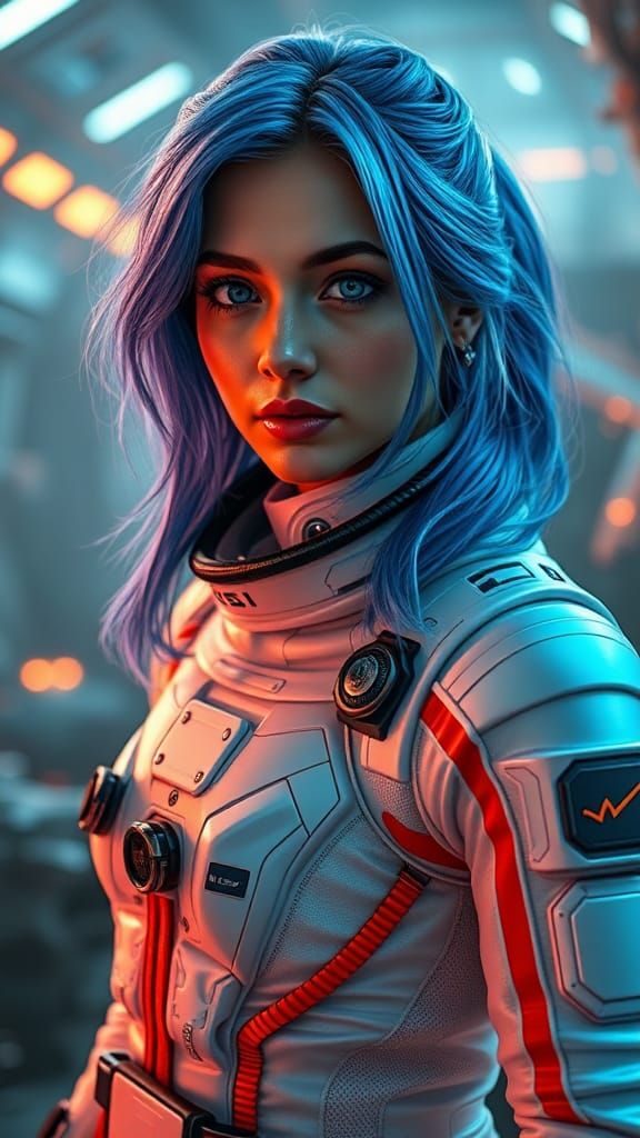 Futuristic Astronaut with Blue Hair in Cyberpunk Style