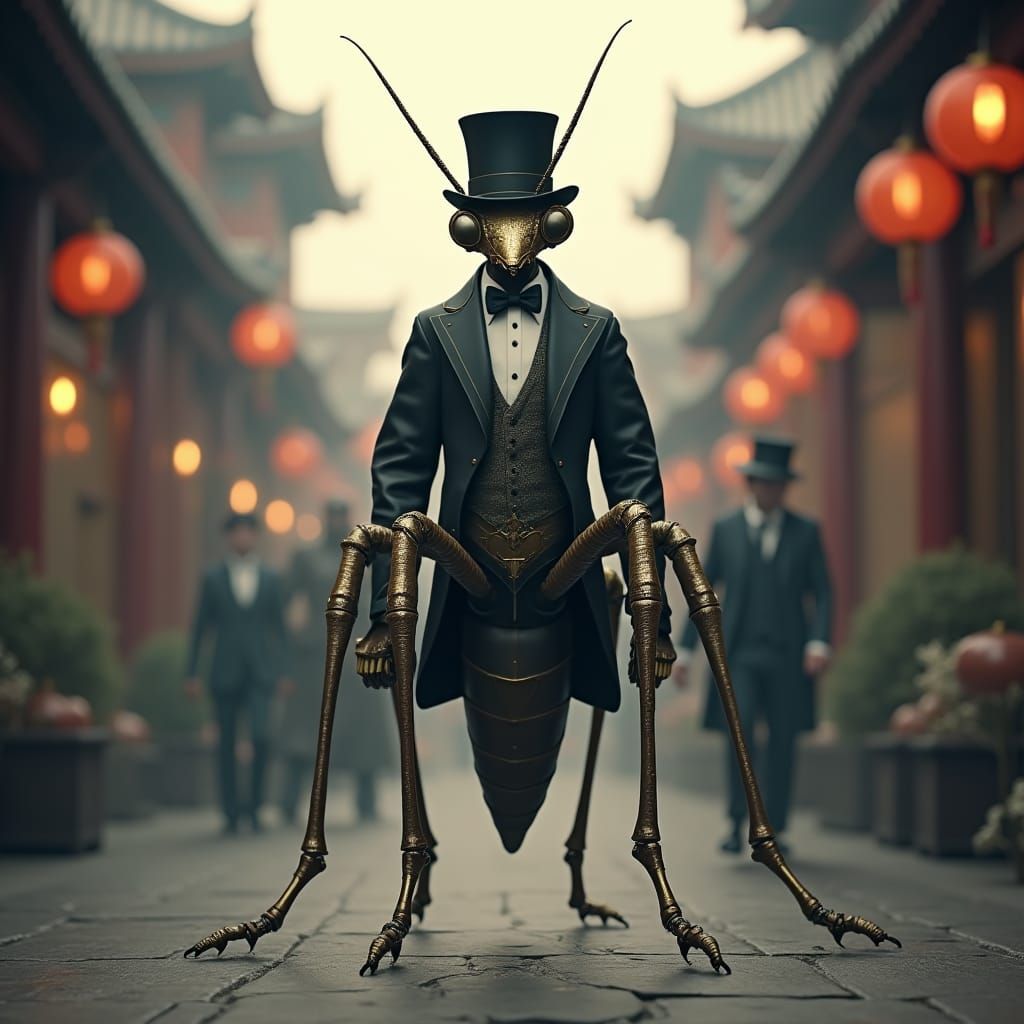 Praying Mantis Strides Through Victorian Beijing