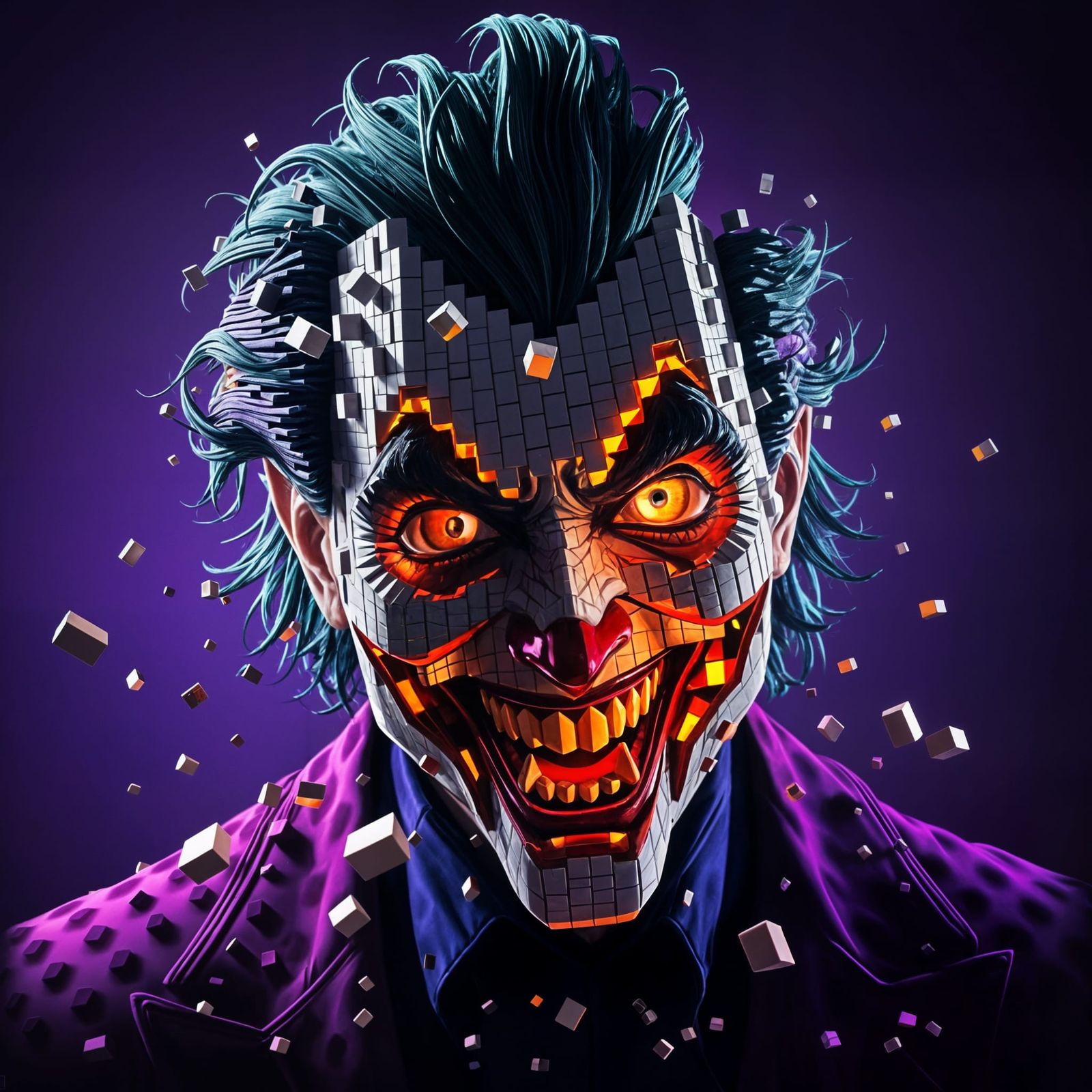 Giant Joker Made of Separating Cubes in a Vibrant Purple Haz...