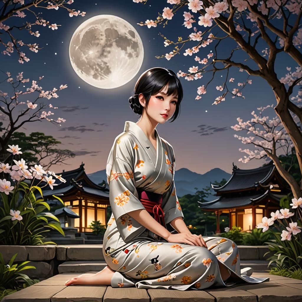 Thai Woman in Temple Garden Gazing at Moon