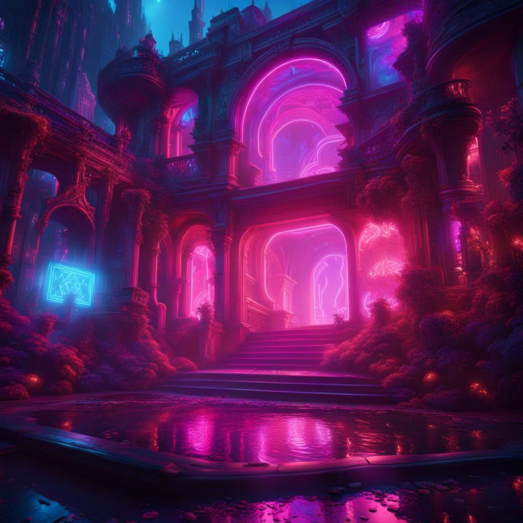Surreal Neon Dreamscape in Detailed Matte Painting