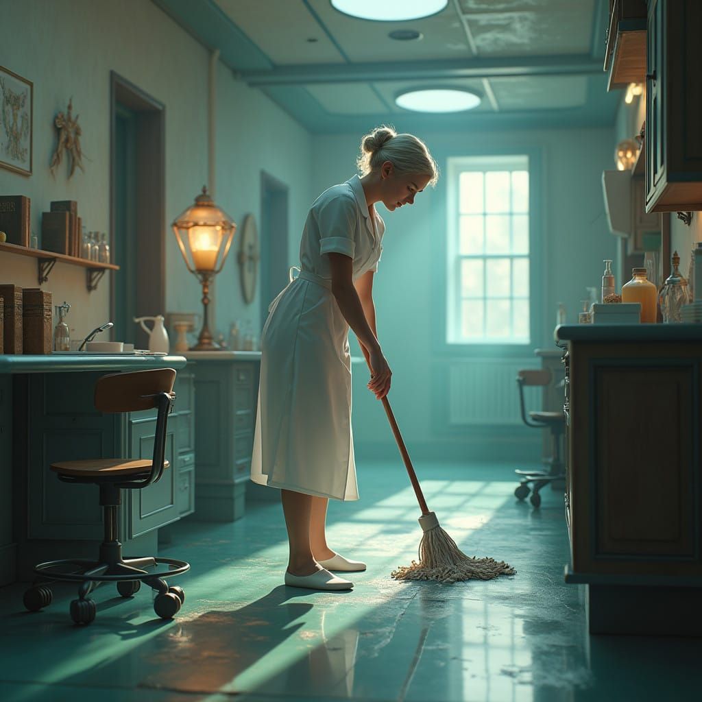 Nurse in Mystical Hospital Mopping Floor