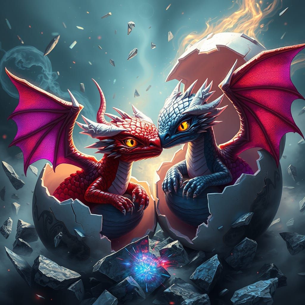 Crimson and Silver Dragons Hatching from Magical Eggs