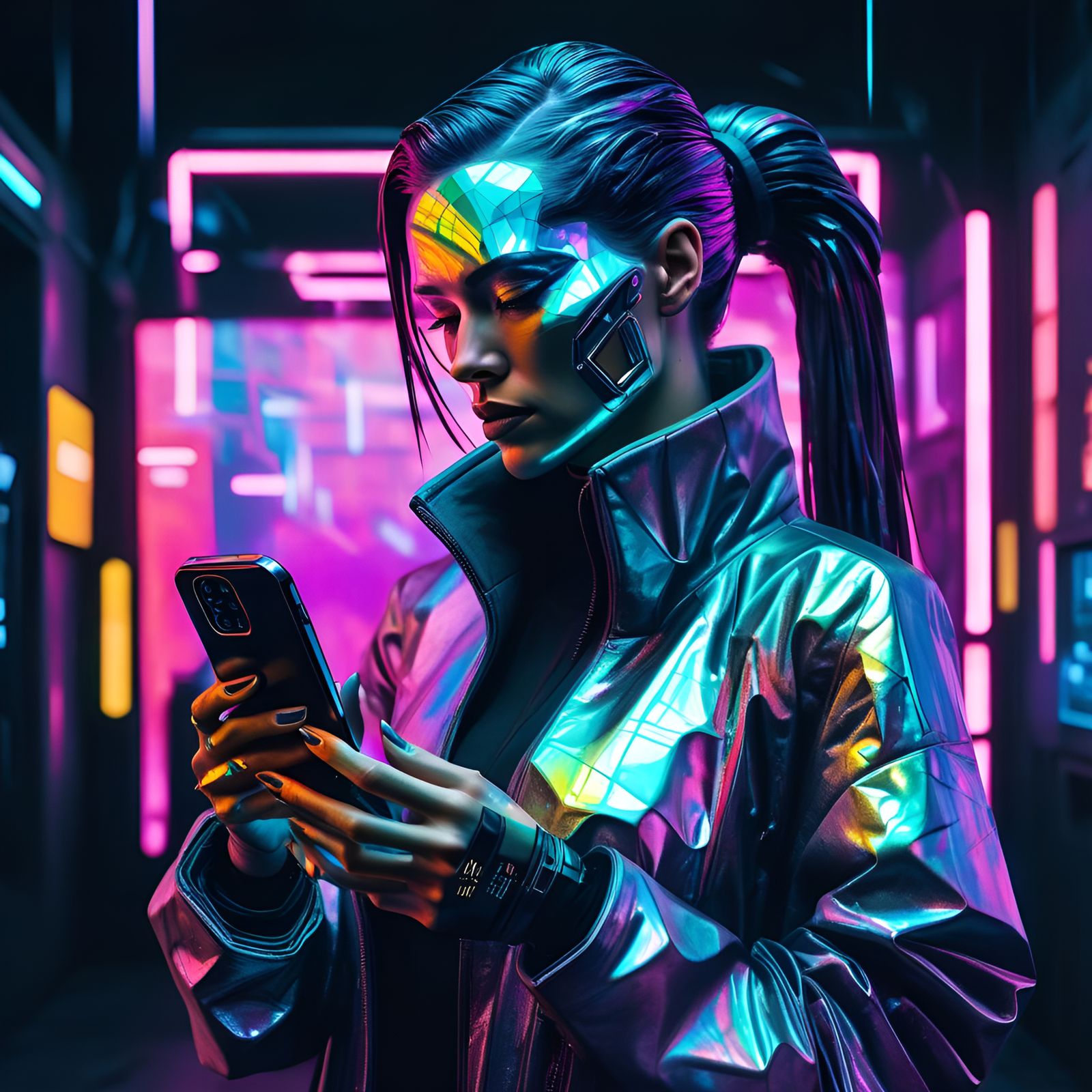Woman with Holographic Paint in Cyberpunk Style