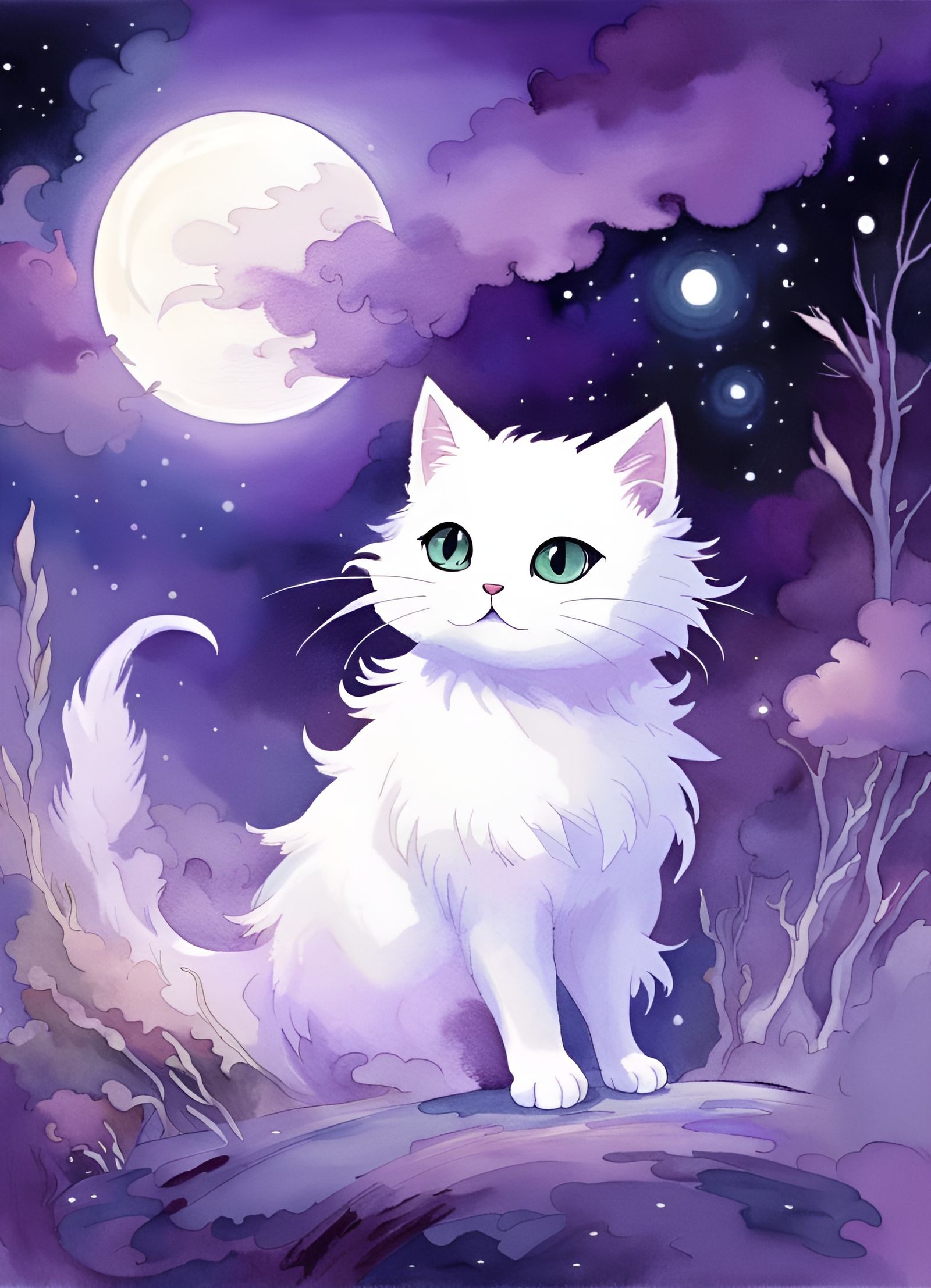 Ethereal Cat Ghost in Watercolor Landscape