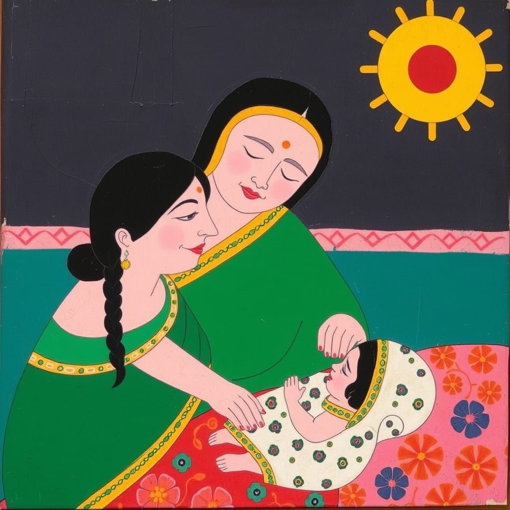 Vibrant Birth Scene in Kalighat Style with Mary Heilmann's C...