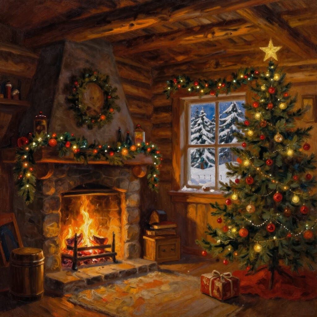 Cozy Yuletide Log Cabin Interior with Fireplace