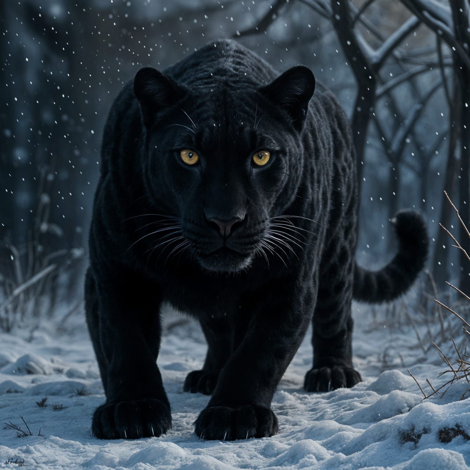Majestic Black Leopard Hunting in Snowy Landscape