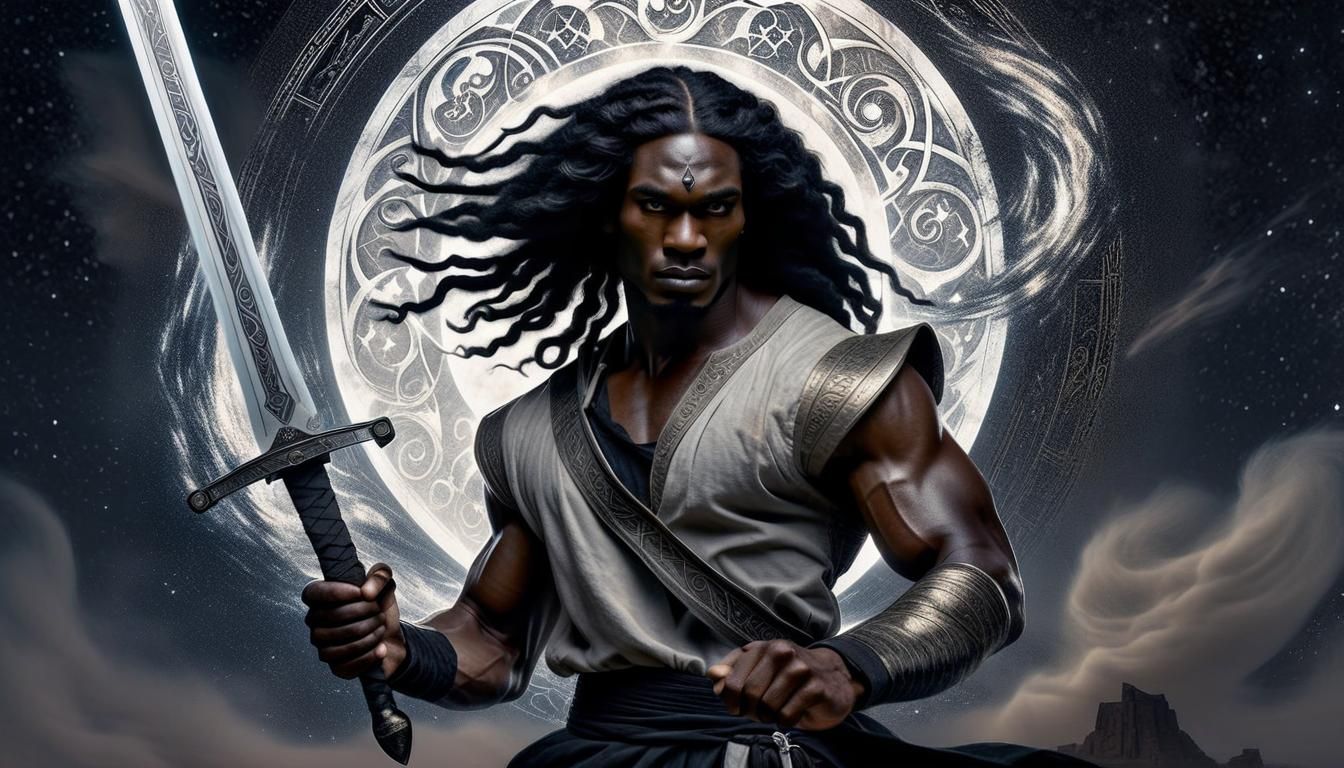 Nubian Warrior with Slavic Sword in Ethereal Starscape