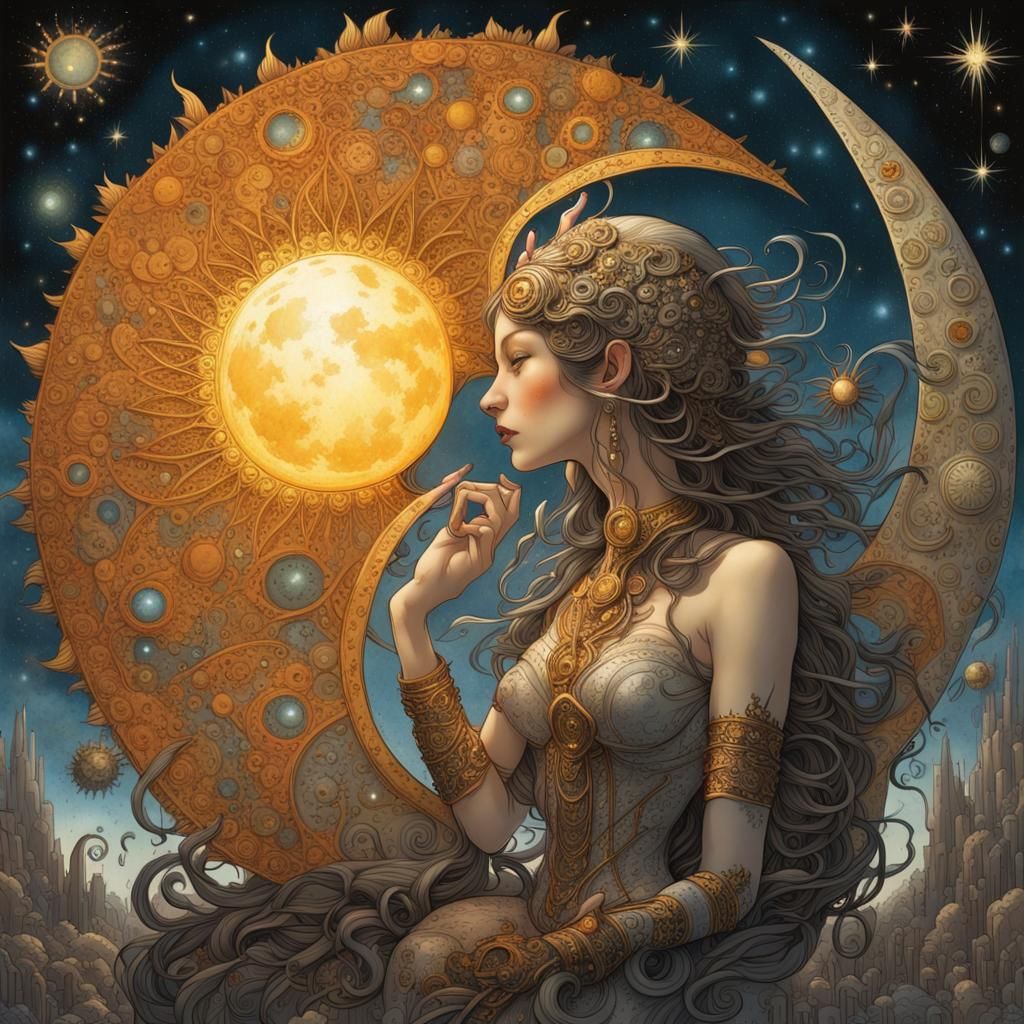 Kissing Sun and Moon in Starry Sky: Fairytale Image