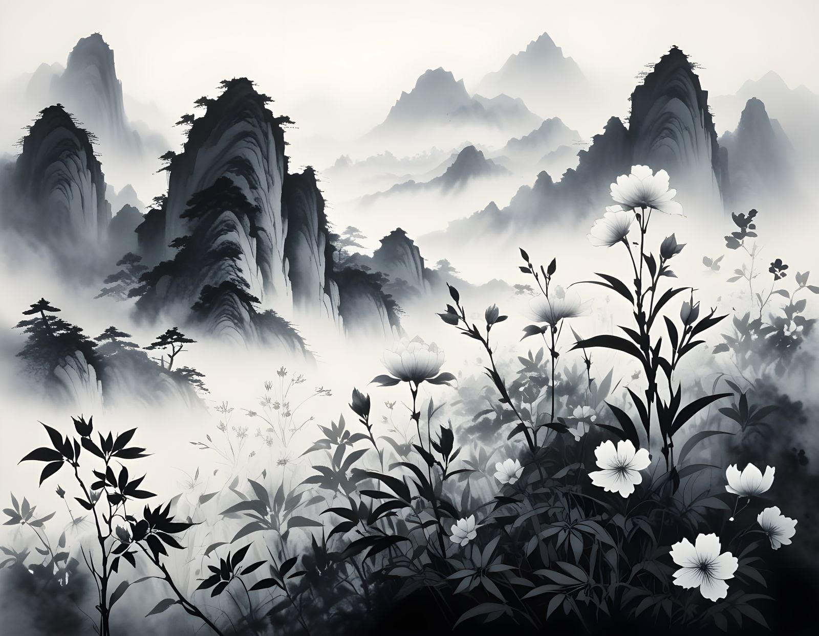 Giant Wildflower in Japanese Landscape, Chinese Ink Painting...