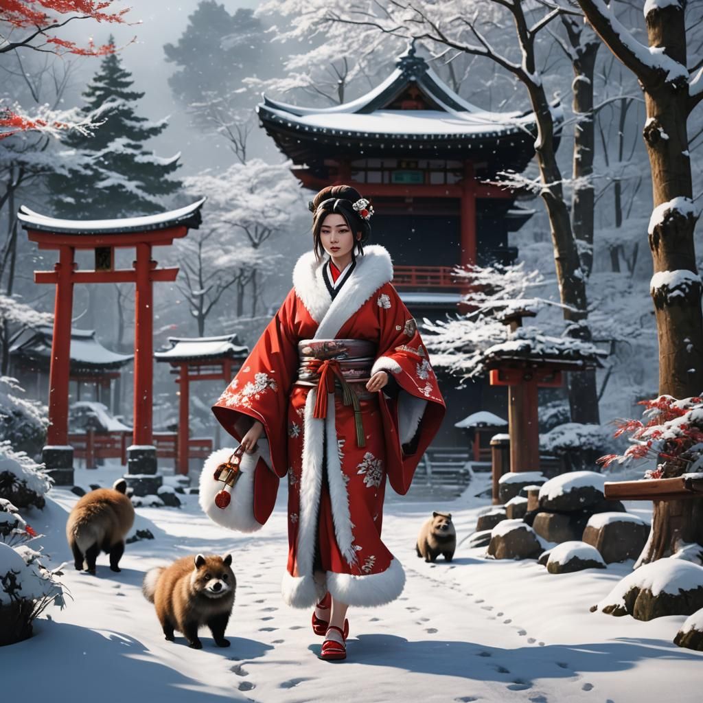 Woman in Kimono with Tanuki in Snowy Forest