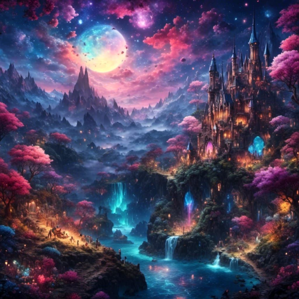 Lysergic Fantasy Creatures Exploding Through Starry Sky