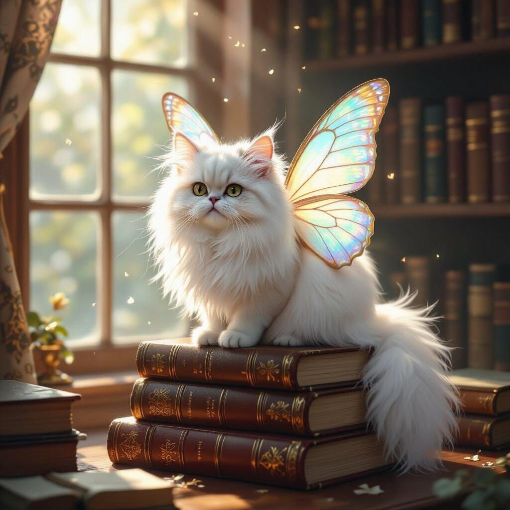 Persian Cat with Butterfly Wings in Sunlit Library