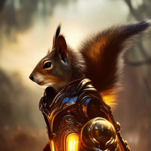Fantasy Squirrel Warrior in Golden Armor Portrait