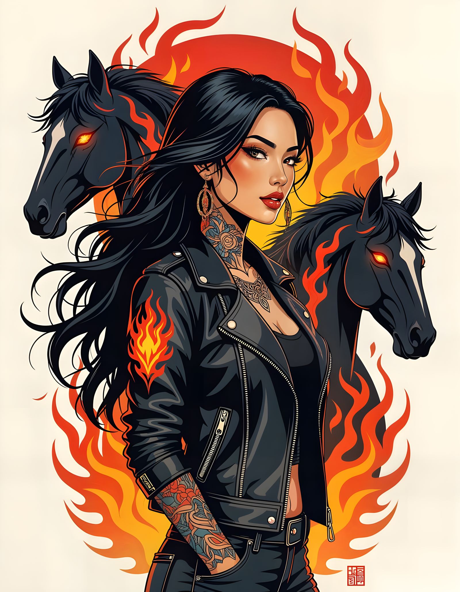 Asian Woman with Flame Hair, Tattoo Style