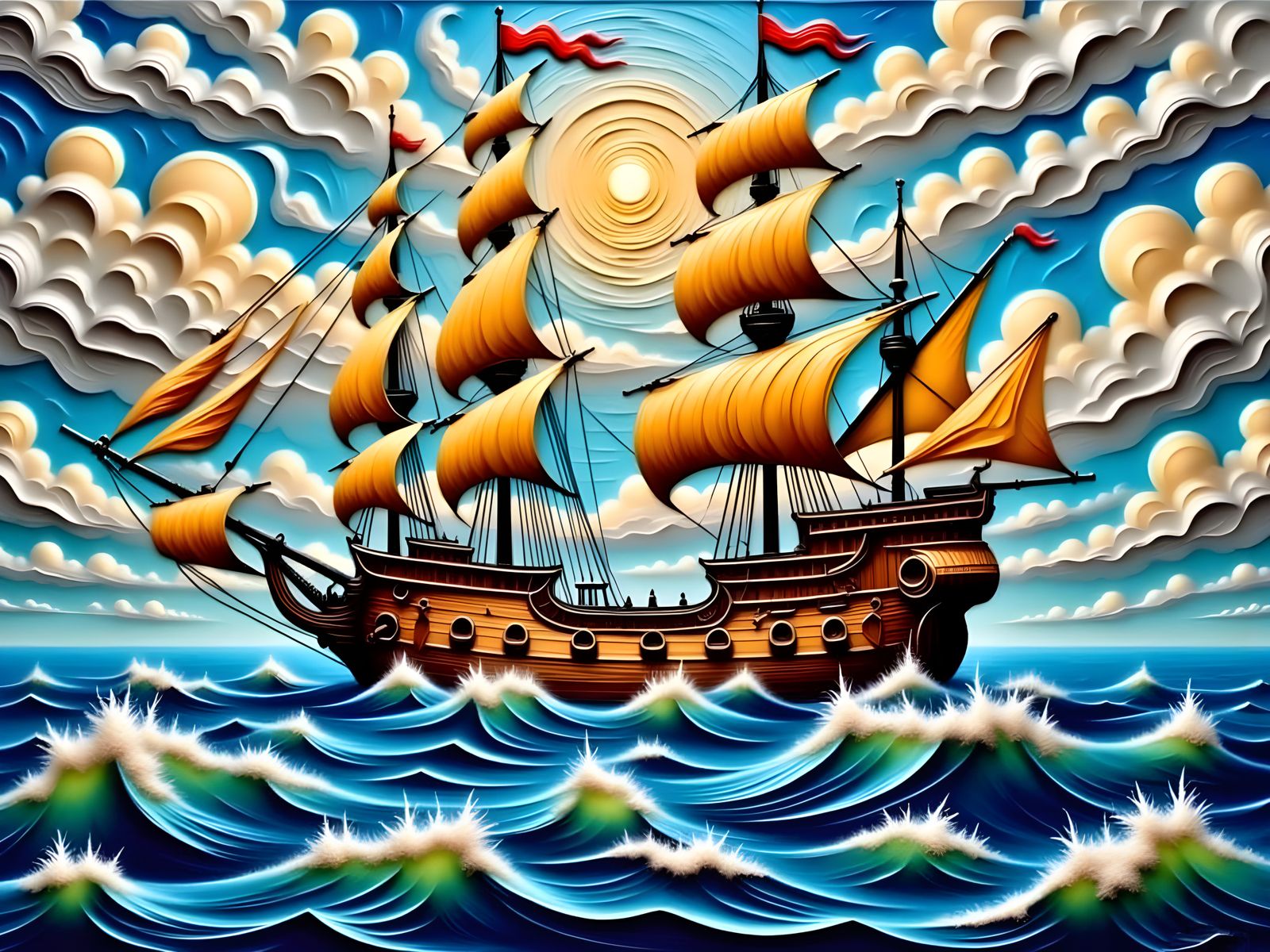 Weathered Pirate Ship in Turbulent Seas, in Impasto Oil Pain...