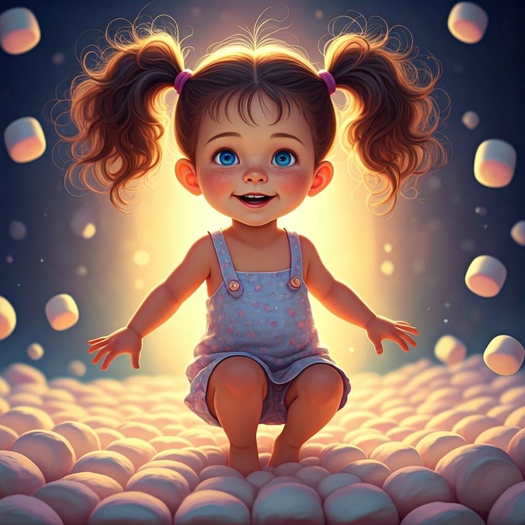 Cherubic Girl Soars Amidst Whimsical Marshmallow Landscape i...