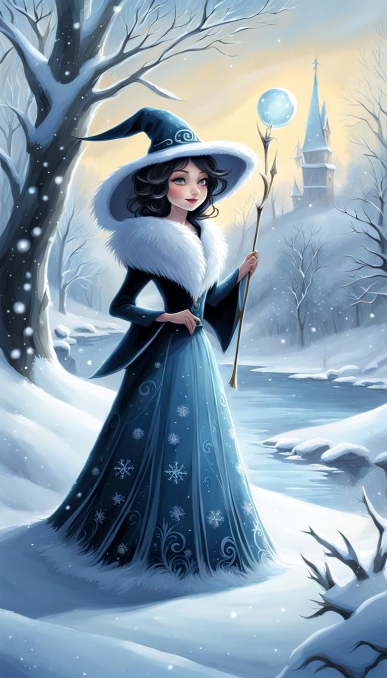 Charming Winter Witch in Burtonesque Riverscape