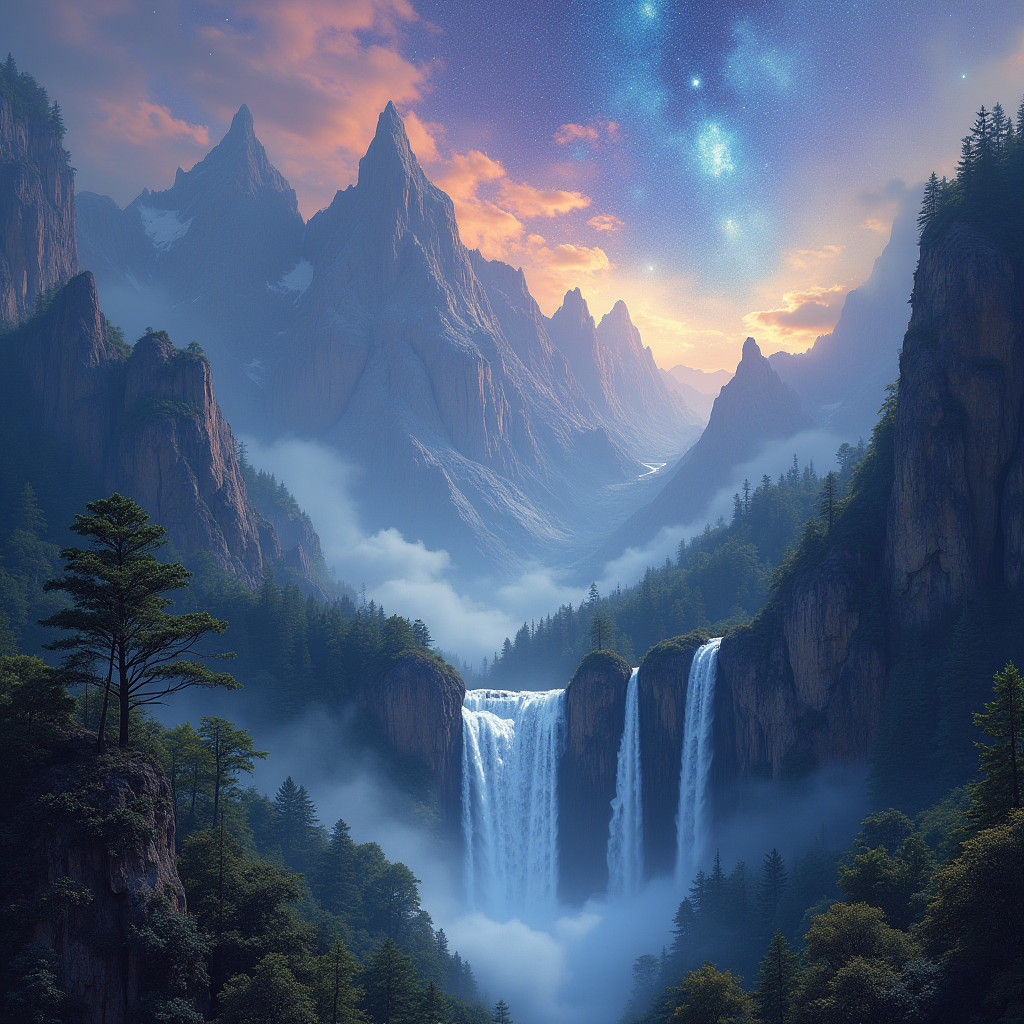 Dreamlike Galaxy Landscape with Mountain Peaks