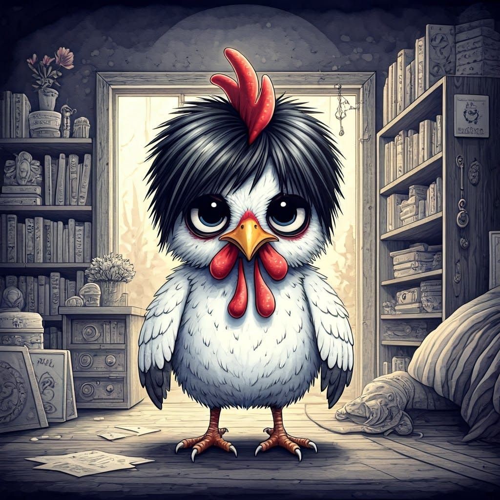 Gothic Emo Chicken in Cluttered Bedroom