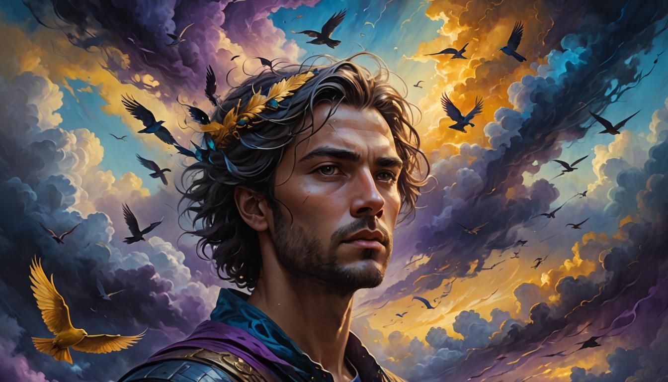 Ethereal Portrait of a Misfit Under Swirling Skies