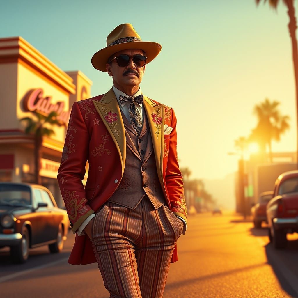 Elegant Pachuco Strides Down Sunset Boulevard in Vibrant, Hi...