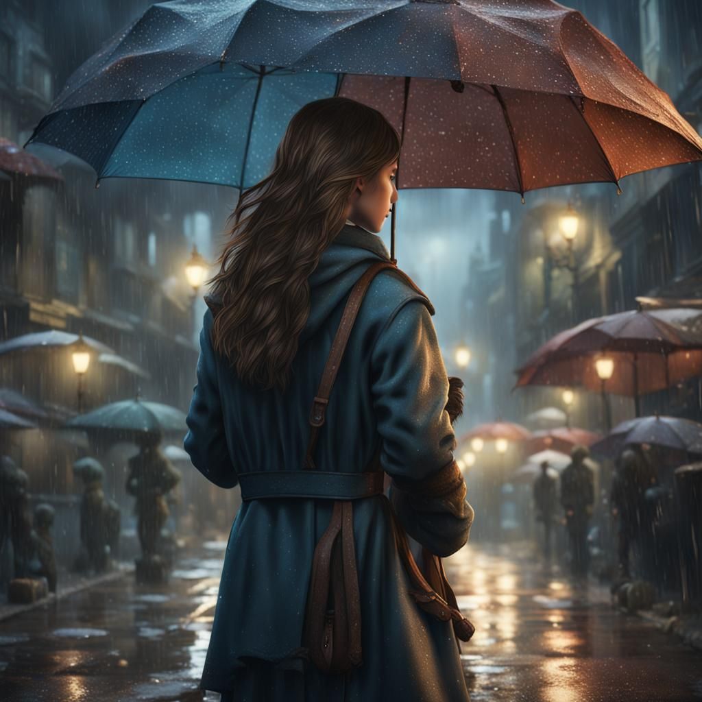 Girl in Rain with Umbrella: Fantasy Concept Art