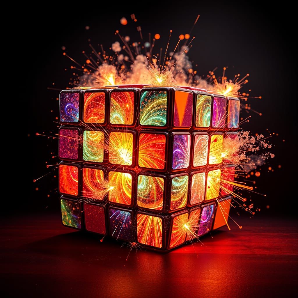 Vibrant Firework Rubik's Cube in Hyper-Realistic Detail