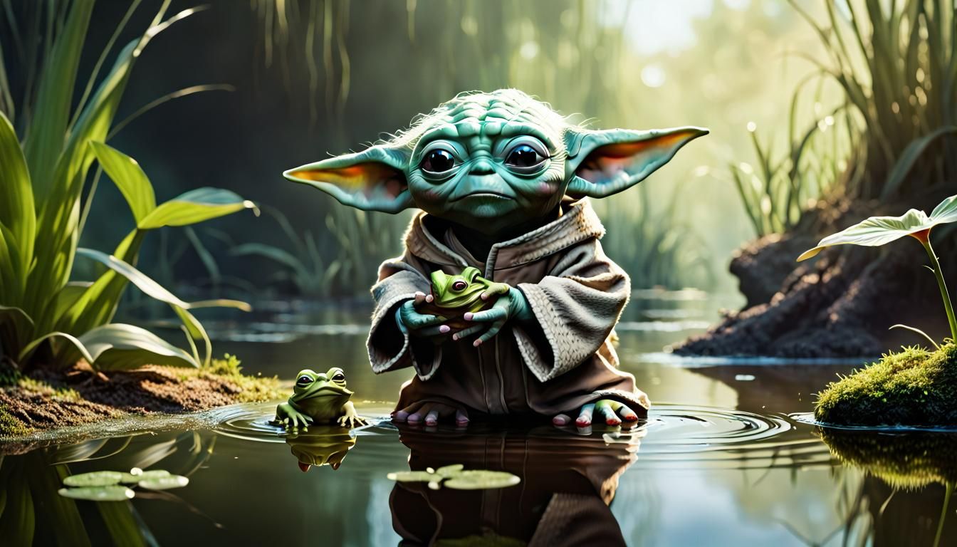 Baby Grogu's Force Powers in a Cinematic Swamp Scene