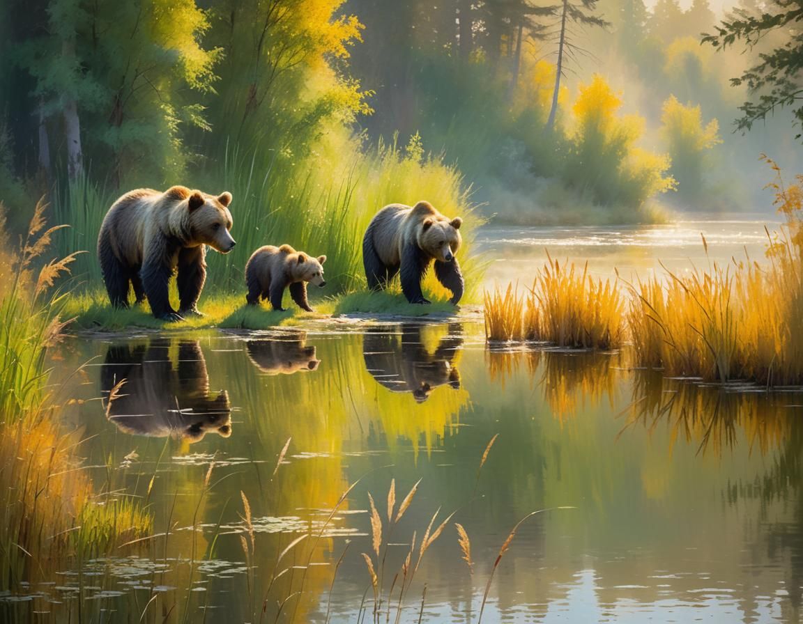 Bear Family at Misty Lake: Impressionist Landscape