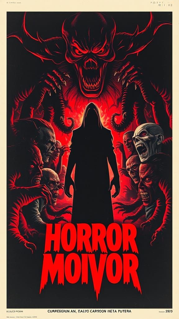 Retro 70s Giallo Horror Movie Poster with Gothic Monsters