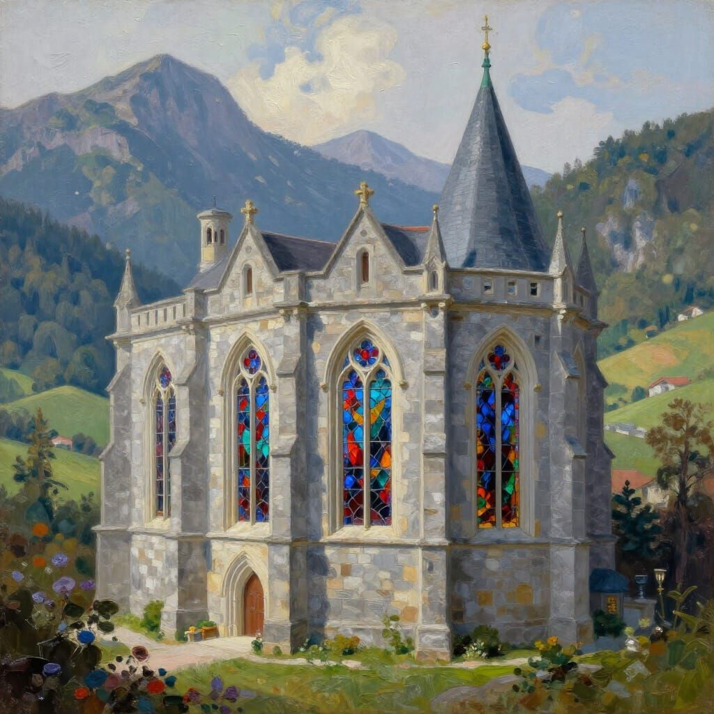 Renaissance Castle with Stained Glass Windows in Mountainous...