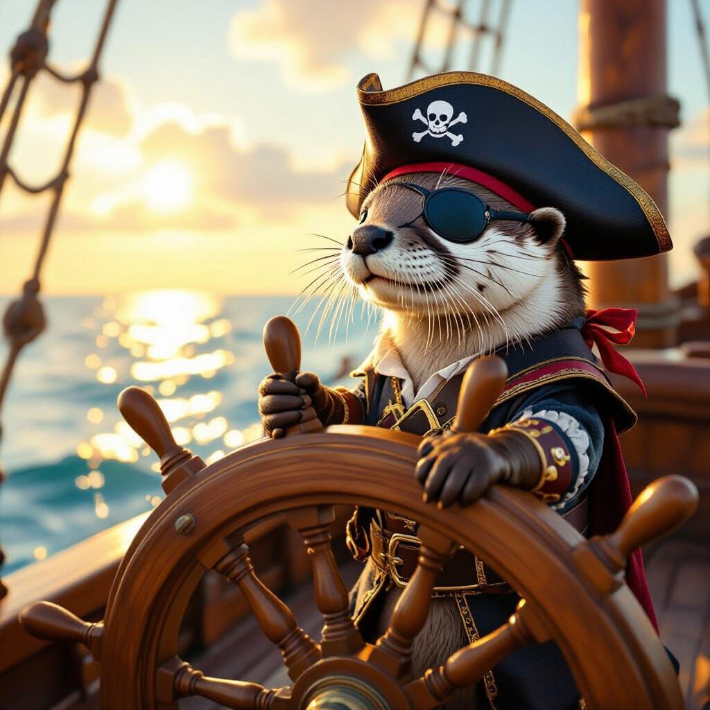 Whimsical Otter Captain at Pirate Ship Helm