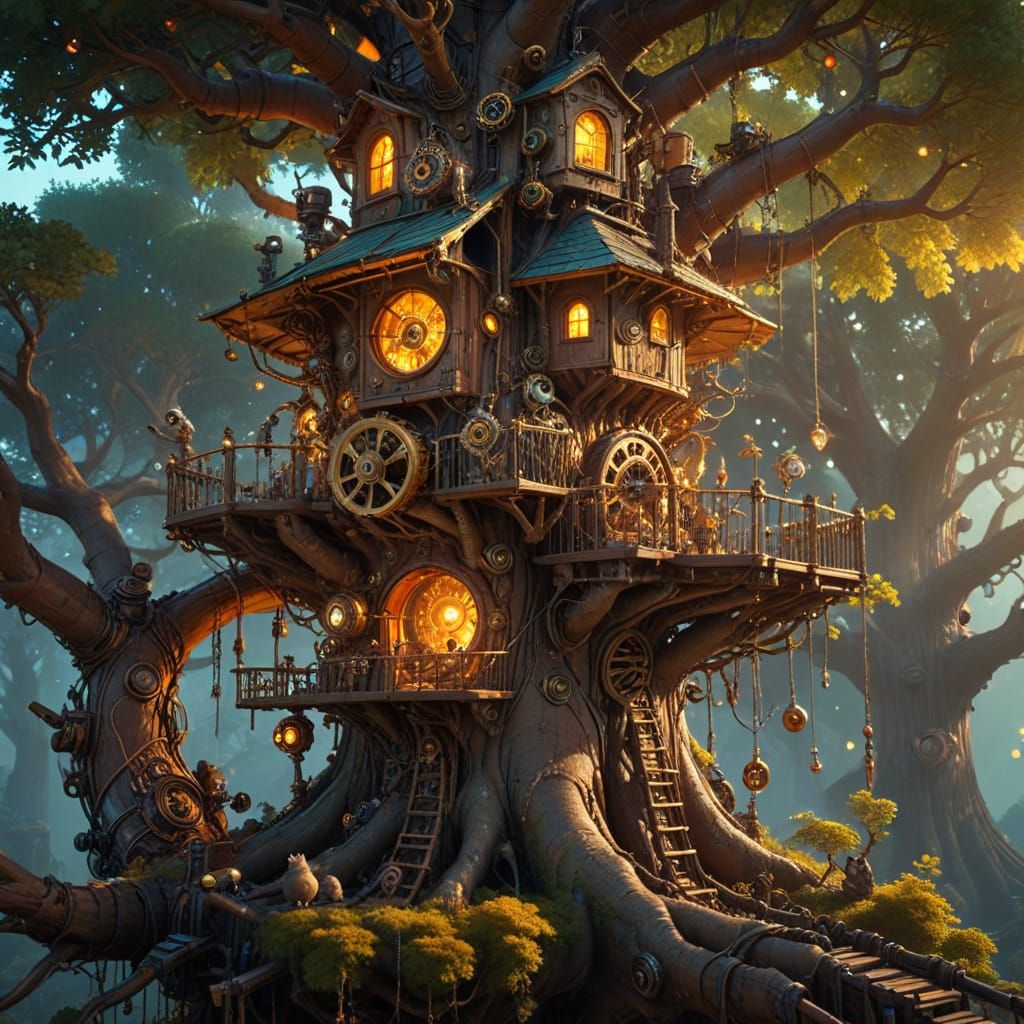 Steampunk Treehouse with Robot Squirrels in Miyazaki Style