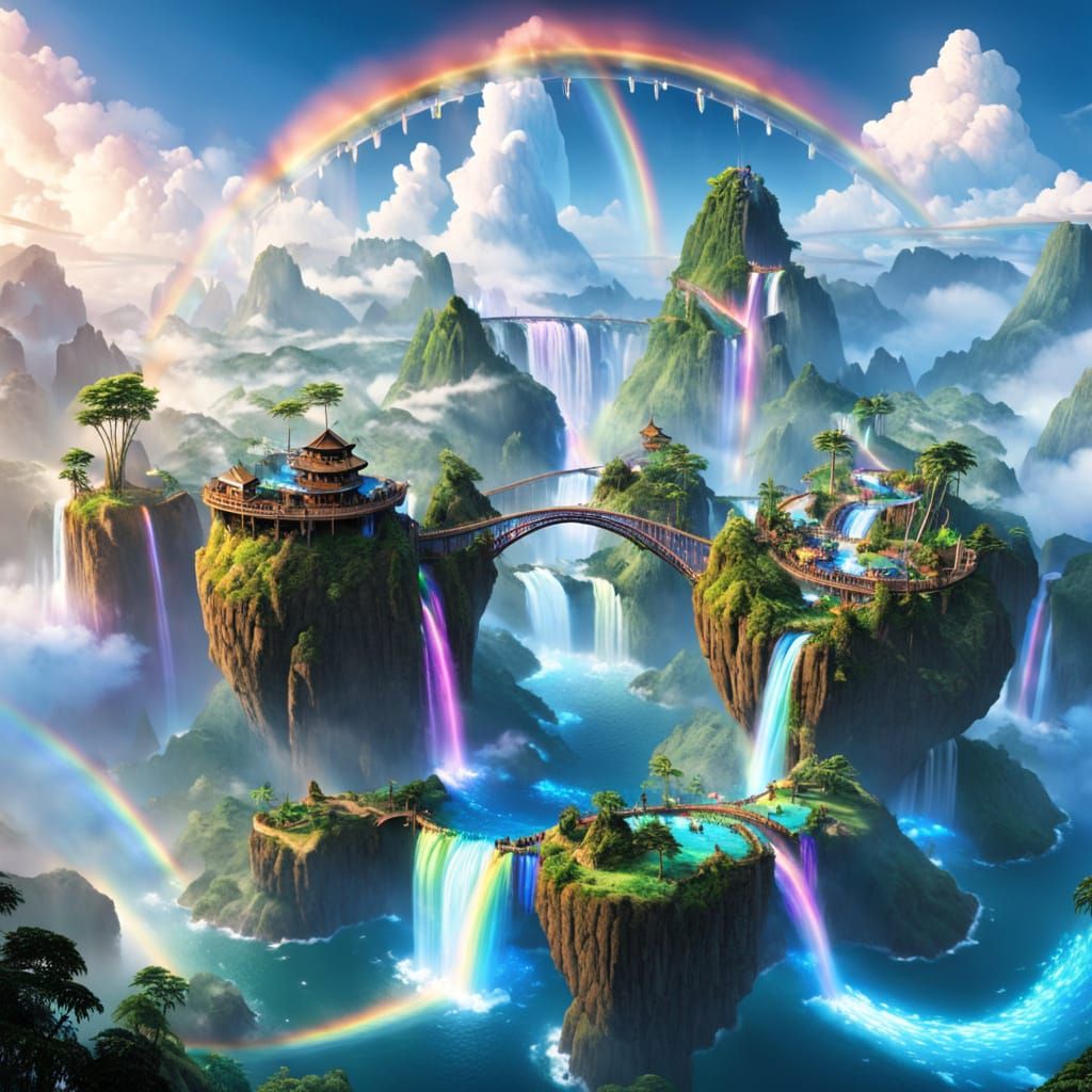 Magical Floating Islands with Rainbow Bridges and Cloud Wate...