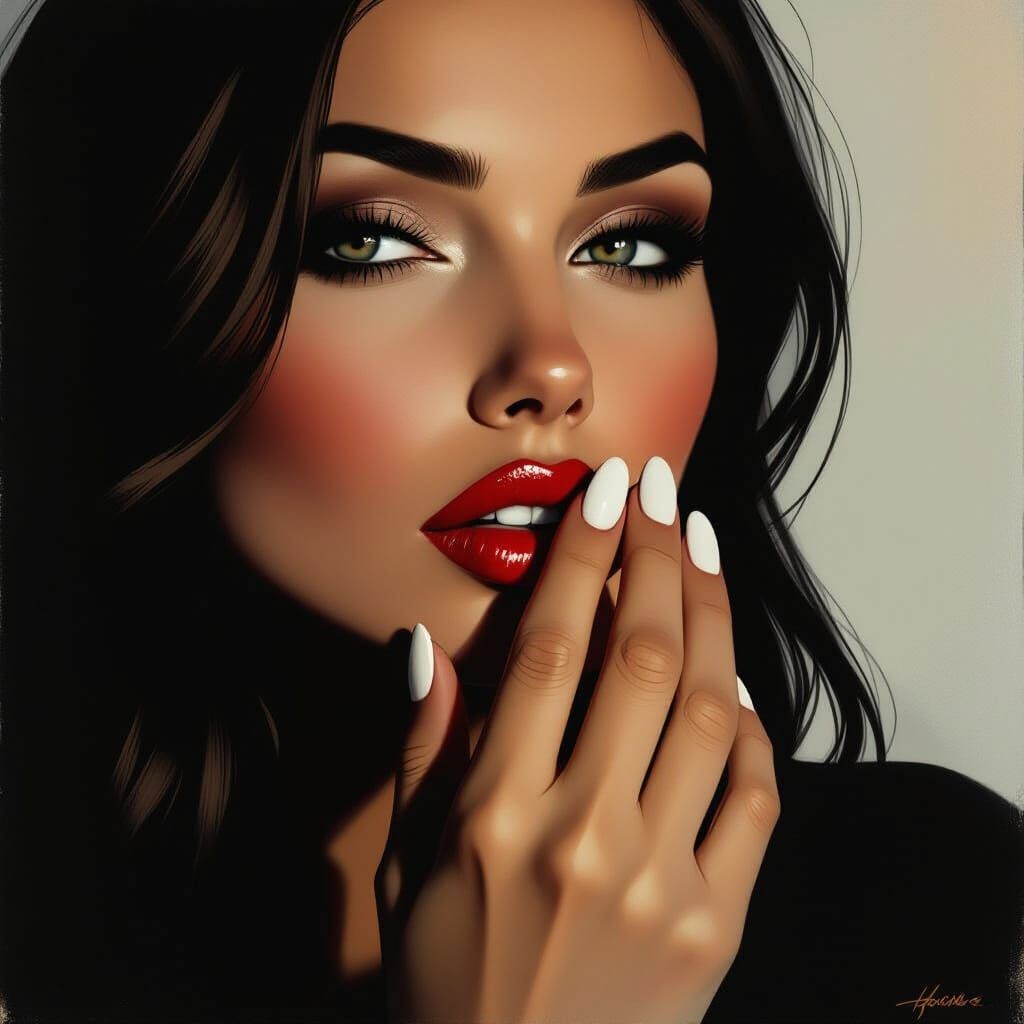 Dramatic Portrait of Woman Biting Lip in Chiaroscuro