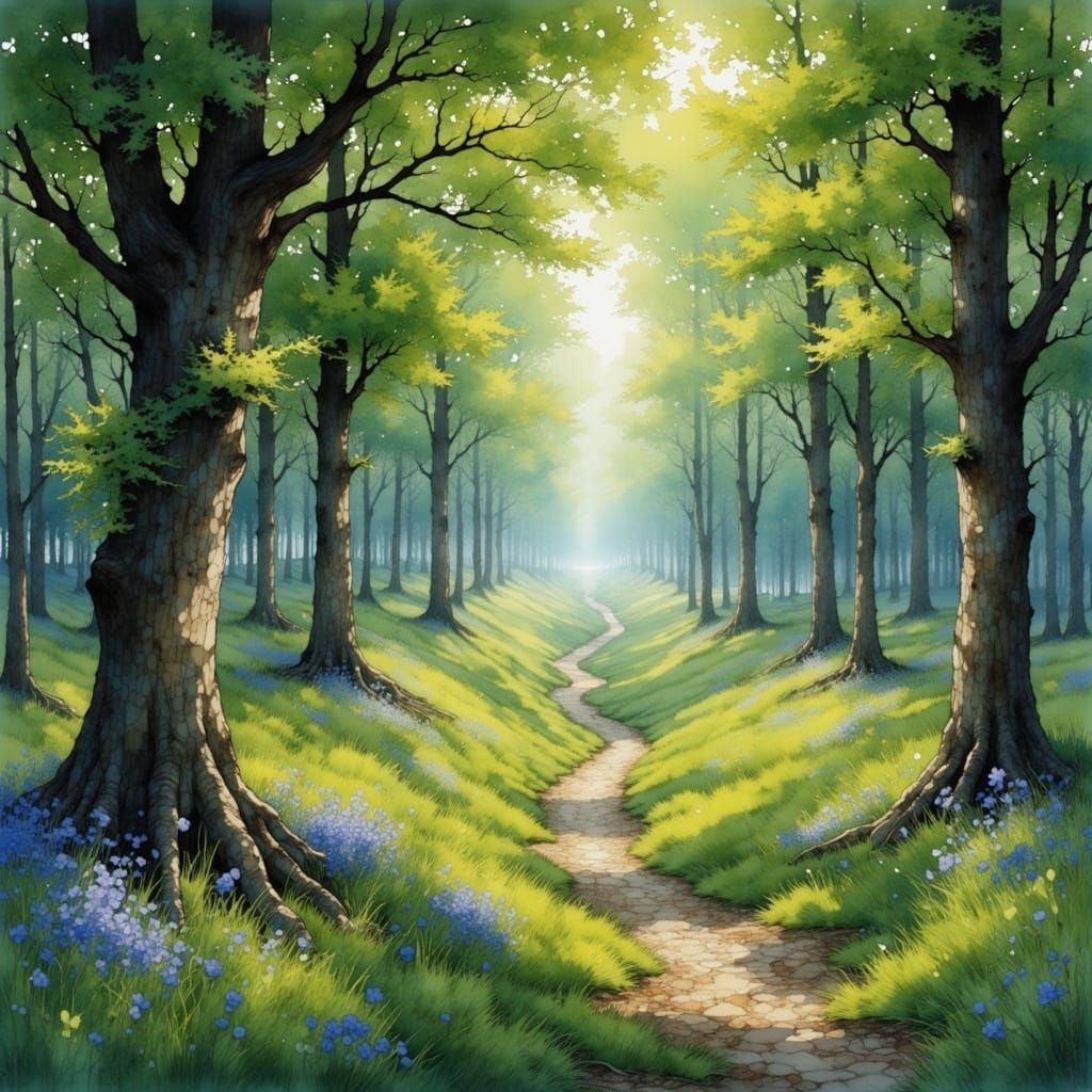 Enchanted Beech Forest with Cairns and Blooming Wildflowers