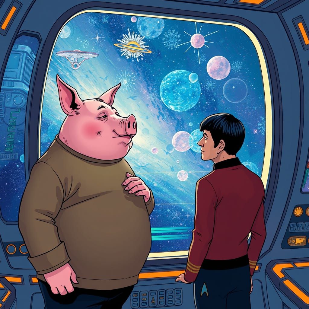 Captain Kirk Pig Gaze at Enterprise Window in Space Opera