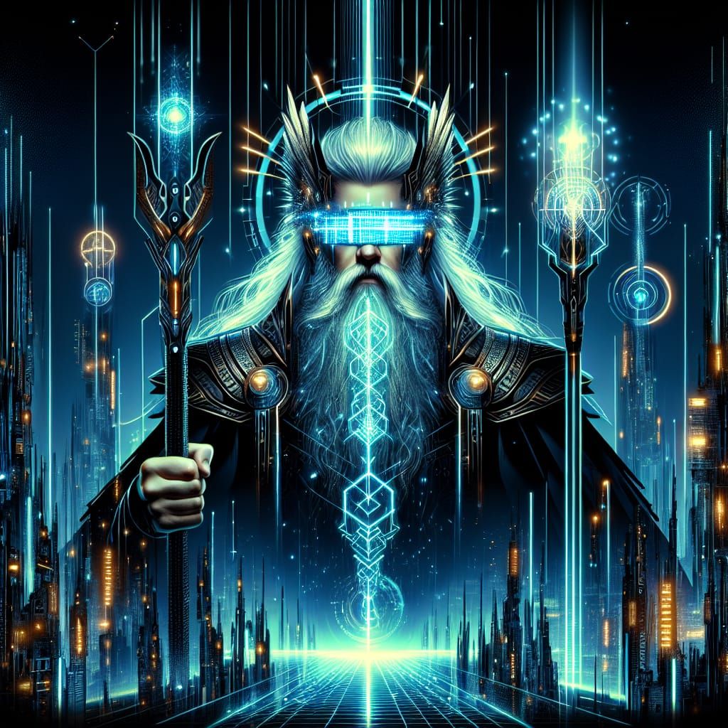 Cyberpunk Odin in Neon Cityscape