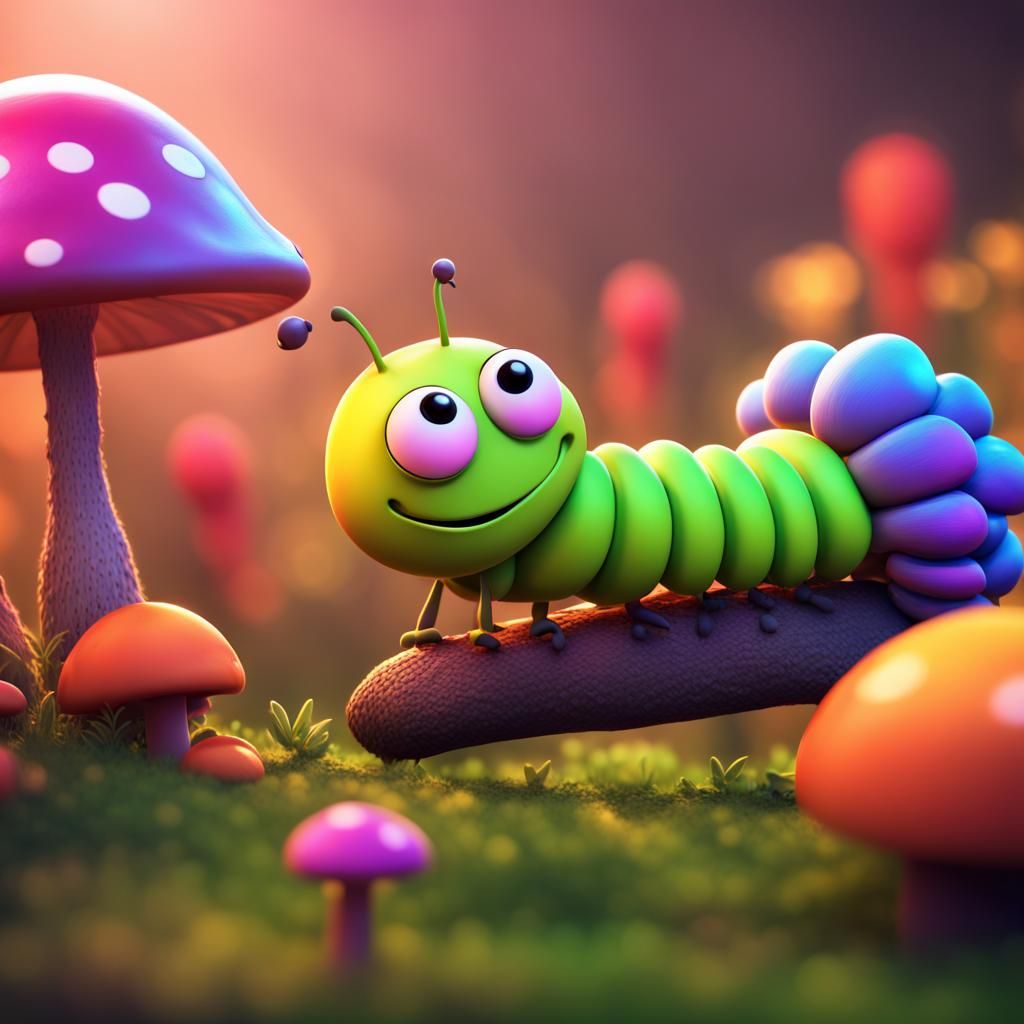 Colorful Caterpillar Under Mushroom: 3D Digital Art