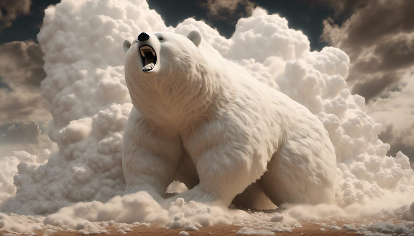 White Bear Emerges from Cloudscape, Hyperrealistic Render