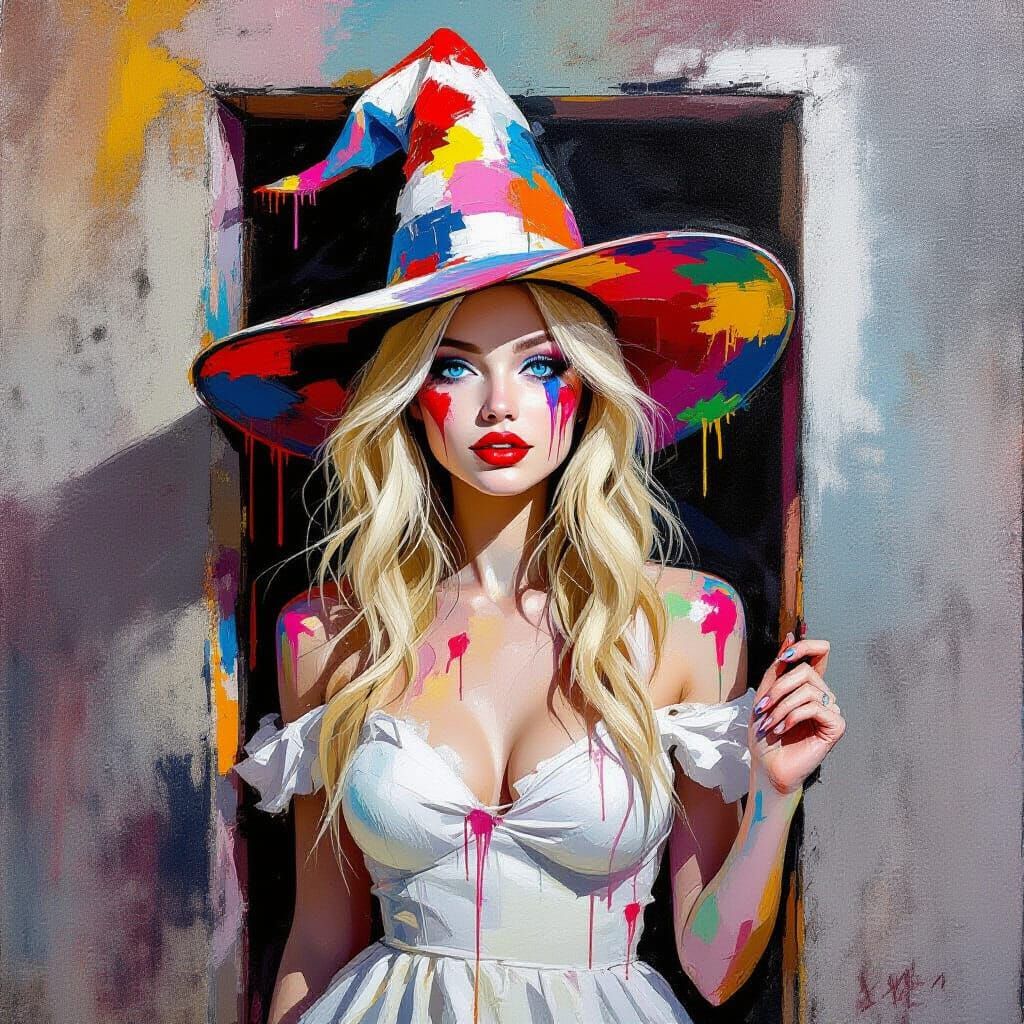 Surreal Woman in Witch Hat as Expressionist Painting