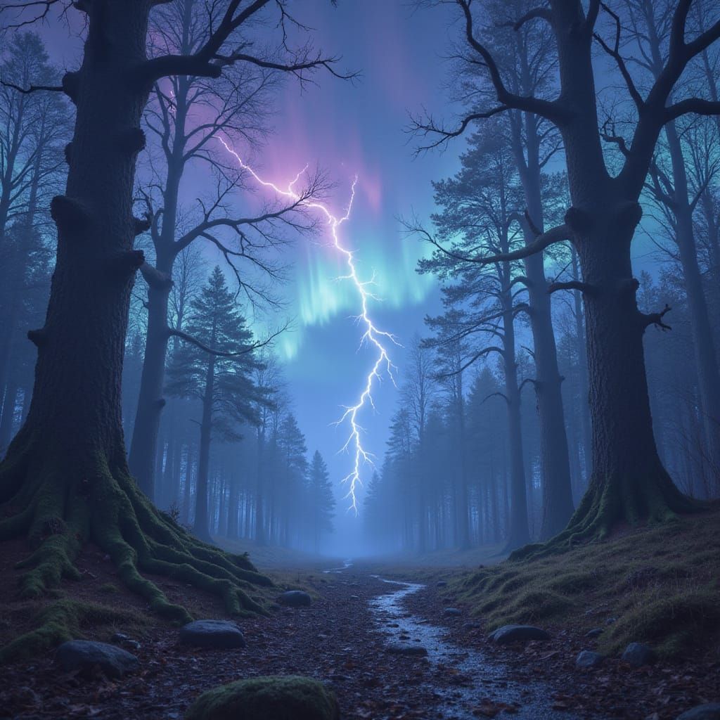 Mystical Landscape with Aurorae and Lightning