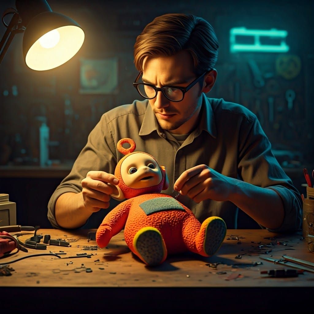Man Dissects a Vibrant Teletubby in a Retro-Futuristic Works...