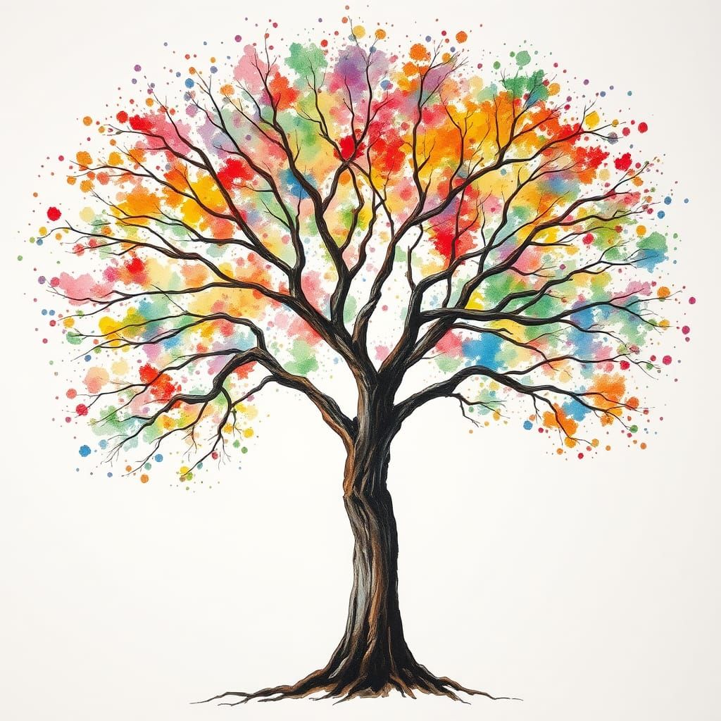 Majestic Tree with Colorful Ink Splatter Leaves